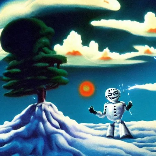 Image similar to Bob Ross Scenery with Robot Alien Snowmen Shooting Laser Beams at Things in the sky. Epic Amazing Insanity. Salvia Droid Joker .