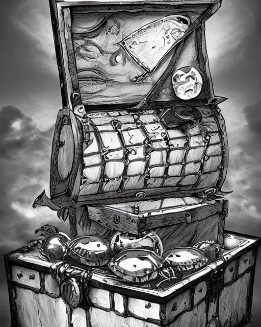 Prompt: a treasure chest, black and white, fantasy art, object art, illustration, fantasy, intricate, hyper detailed, artstation, concept art, smooth, sharp focus, ray tracing