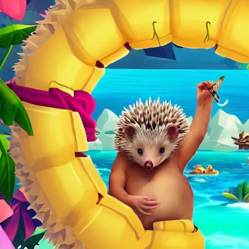Image similar to hedgehog in a bikini in sea of thieves, hedgehog wearing a bikini, cute, colourful, happy, adorable, funny