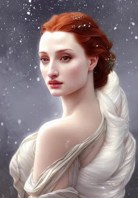 Image similar to sansa angeline jolie gessica chastain white snow skin, intricate, elegant, highly detailed, digital painting, artstation, concept art, smooth, sharp focus, illustration, art by artgerm and greg rutkowski and alphonse mucha and william - adolphe bouguereau