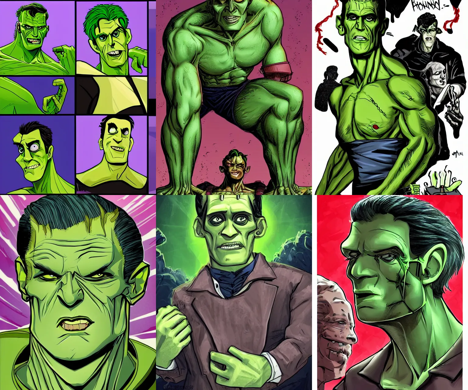 Prompt: Handsome Frankenstein, monster heartthrob, young green-skinned cyborg