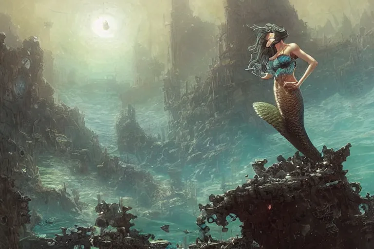 Prompt: a beautify mermaid looking at the sunken city of Atlantic under water, Greg Rutkowski, Moebius, Mohrbacher
