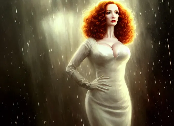 Prompt: portrait shot of christina hendricks in bladerunner wearing a white dress, intricate, elegant, highly detailed, centered, digital painting, artstation, concept art, smooth, sharp focus, illustration, artgerm, tomasz alen kopera, peter mohrbacher, donato giancola, joseph christian leyendecker, wlop, boris vallejo