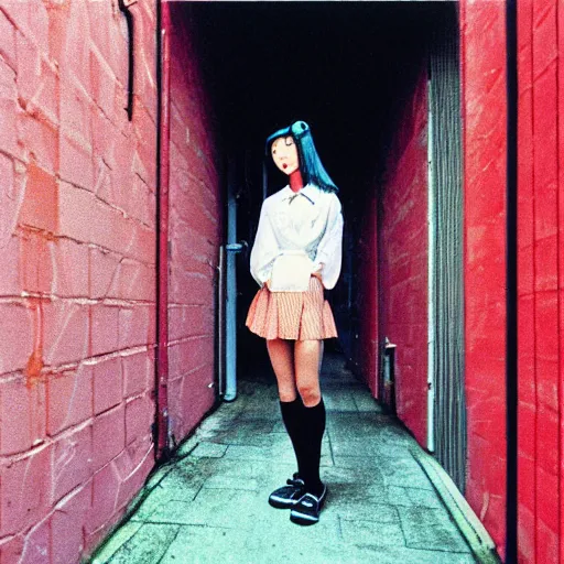 Image similar to 1990s perfect 8K HD professional photo of close-up japanese schoolgirl posing in sci-fi dystopian alleyway, at instagram, Behance, Adobe Lightroom, with instagram filters, depth of field, taken with polaroid kodak portra