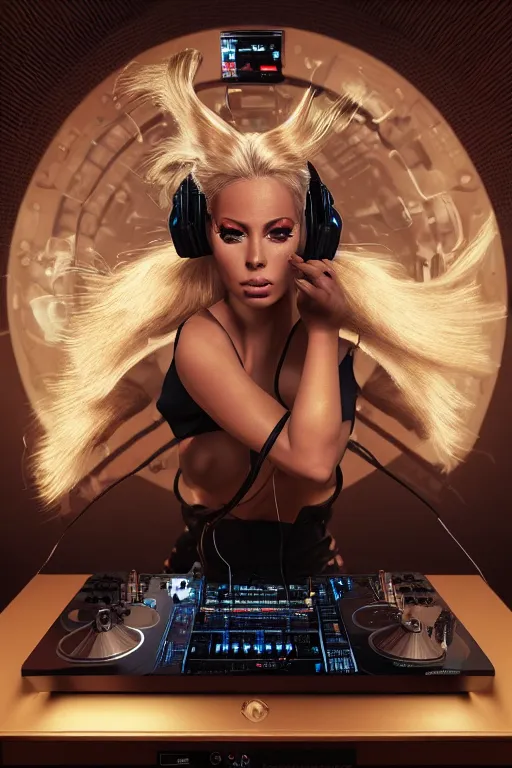 Image similar to a centered photo of the most complicated and technical dj equipment being played by isabelledeltore, powerful, cinematic, beautifully lit, by artgerm, by karol bak, 3 d, perfect face and body, trending on artstation, octane render, 8 k