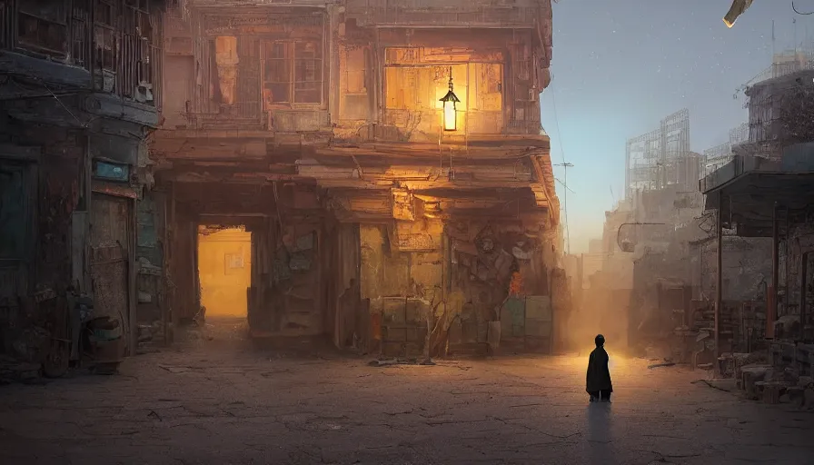 Image similar to old jeddah city stree, roshan, shops, a big magical glowing time portal, a nomad wearing a worn out coat, plants, old tree, kids, dramatic lighting fantasy, sci fi, by caspar david friedrich by beeple and james gilleard and justin gerard, centered, artstation, smooth, sharp focus, photoreal octane render, by jean baptiste monge