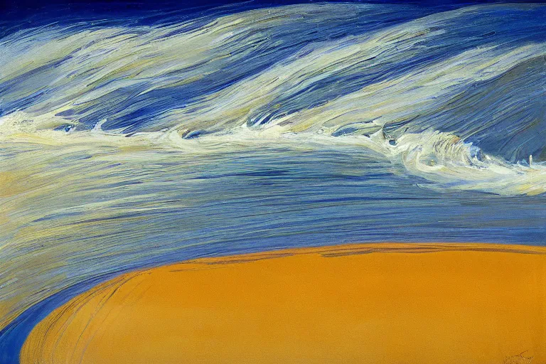 Image similar to Landscape painting. Organic. Winding rushing water. Waves. Clouds. Wayne Thiebaud