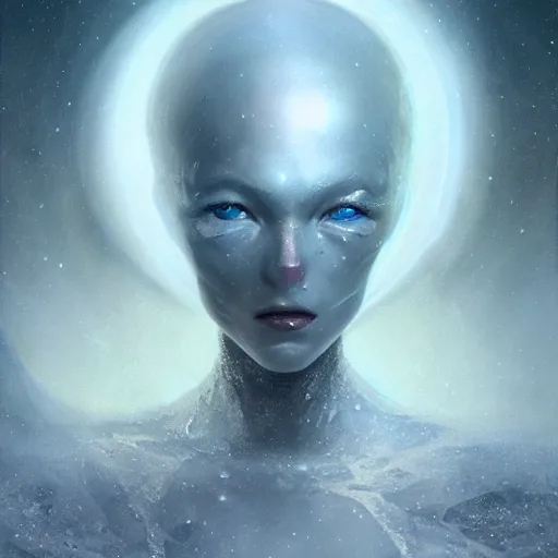 Prompt: a hyperrealistic illustration of an alien in the Arctic, white long clothes, snow on the body, blue transparent ice with fractal sunlight, award-winning, masterpiece, in the style of Tom Bagshaw, Cedric Peyravernay, Peter Mohrbacher