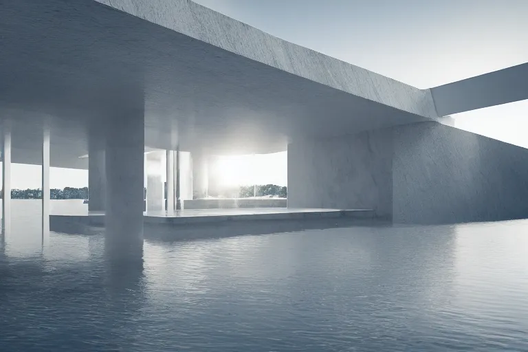 Image similar to many white egg shaped spherical spaces are combined to form a building. on the calm lake, people's perspective, future, interior wood, marble, award winning, highly detailed 4 k art, dusk, unreal engine highly rendered, global illumination, radial light, internal environment by kazuyo sejima and pierre cardin