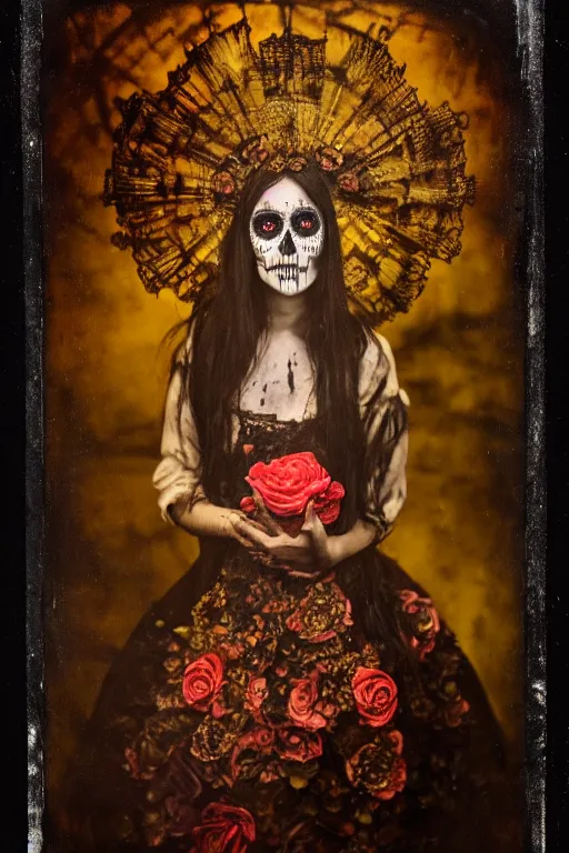 Image similar to tintype, saint teresa in dia de muertos dress and make up, horrific beautiful vibe, evocative, atmospheric lighting, painted, intricate, highly detailed, leesha hannigan, wayne haag, reyna rochin, ignacio fernandez rios, mark ryden, iris van herpen, stunning, gorgeous, sharp focus, cinematic, masterpiece