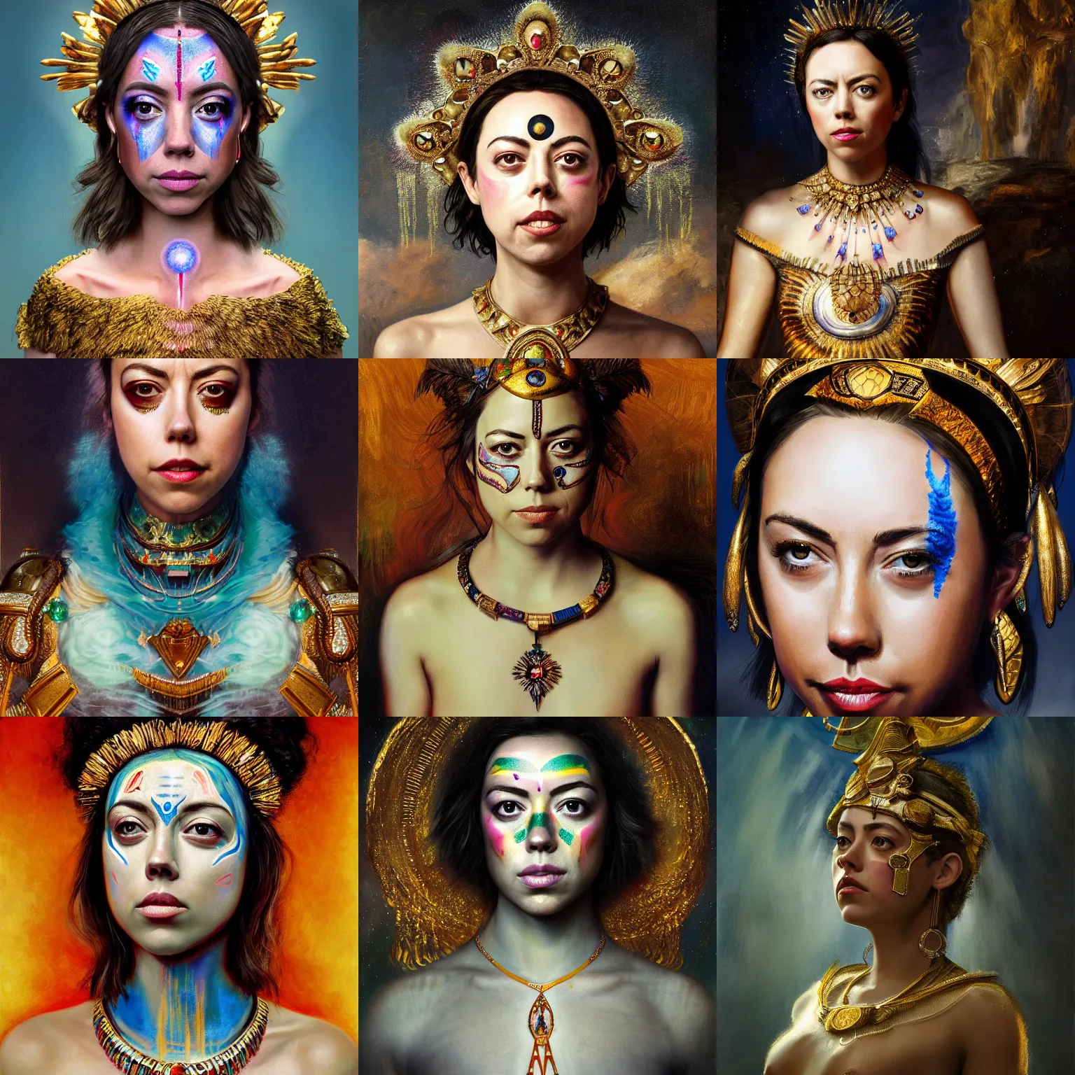 Prompt: aubrey plaza as the goddess of the future. intricate jewelry and face paint, flowing clean 4 k art trending on artstation by monet, rembrandt, oil painting, digital