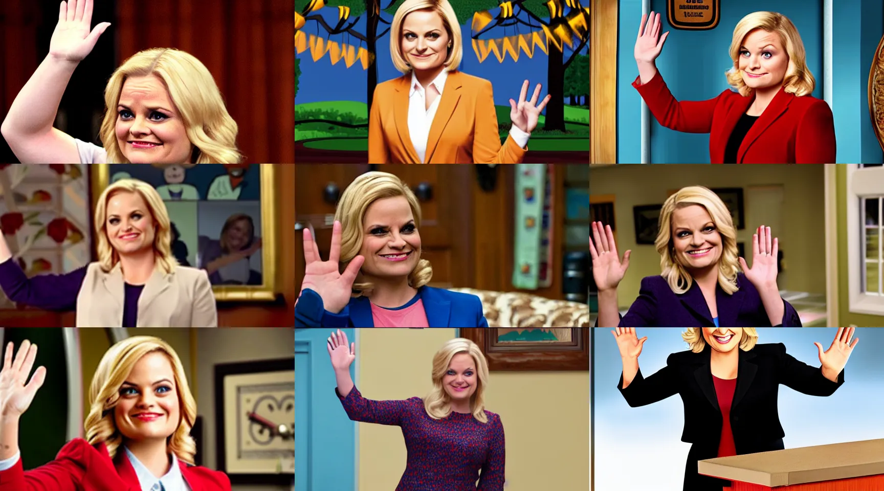 Prompt: leslie knope from the tv show parks and recreation waving goodbye