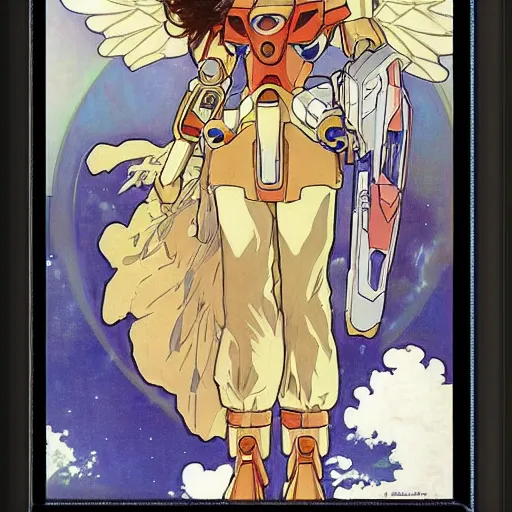 Prompt: anime manga mecha gundam robot astronaught with angel wings portrait by Alphonse Mucha art nuevou