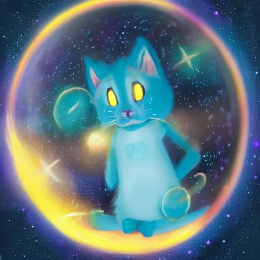 Prompt: A cute anthropomorphic blue cat man with sparkling galaxy fur worshipping a massive sphere that is brightly glowing with heavenly light, beautiful lighting, highly detailed digital art