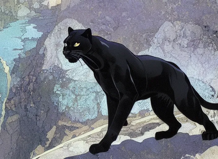 Image similar to animal concept of a black panther melanistic deep black leopard walking on Pamukkale, thermal waters flowing down gold travertine terraces, royal white and blue accents, accurately portrayed, portrait art by alphonse mucha and WLOP, highly detailed, digital painting, concept art, illustration, dim lighting with twilight rays of sunlight, trending on artstation, very detailed, smooth, sharp focus, octane render, close up