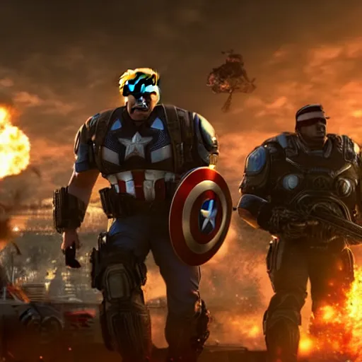 Image similar to Donald Trump as ((captain america)) in Gears of War, patriotic, splash art, movie still, cinematic lighting, dramatic, octane render, long lens, shallow depth of field, bokeh, anamorphic lens flare, 8k, hyper detailed, 35mm film grain