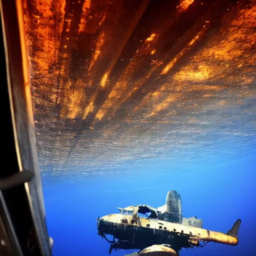 Prompt: a rusty plane crashed in the bottom on the ocean, the scene is illuminated by the light coming from the interior of the plane, through the windows