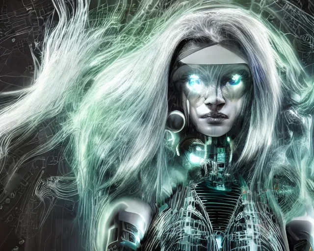 Image similar to glowing hair, complex cybernetic beings, beautiful hairy humanoids, cybermagnetosphere, cybernetic civilizations, ornate hair, love, joy, vortexes, large arrays, data holograms, 8 k, cinematic light shadows, wet hdr refractions, *, * * *, * * * * *