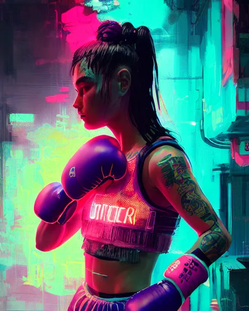 Image similar to detailed portrait Neon boxer Girl, cyberpunk futuristic neon, reflective crop top and shorts, boxing gloves, decorated with traditional Japanese ornaments by Ismail inceoglu dragan bibin hans thoma greg rutkowski Alexandros Pyromallis Nekro Rene Maritte Illustrated, Perfect face, fine details, realistic shaded, fine-face, pretty face