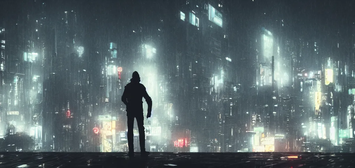 Image similar to shot of the alone man standing on the roof during rain, looks at impressive cyberpunk city at night during great storm, nightscape, futuristic architecture, realistic photo, neons, blade runner, akira style, cinematic lighting, cinematic angles