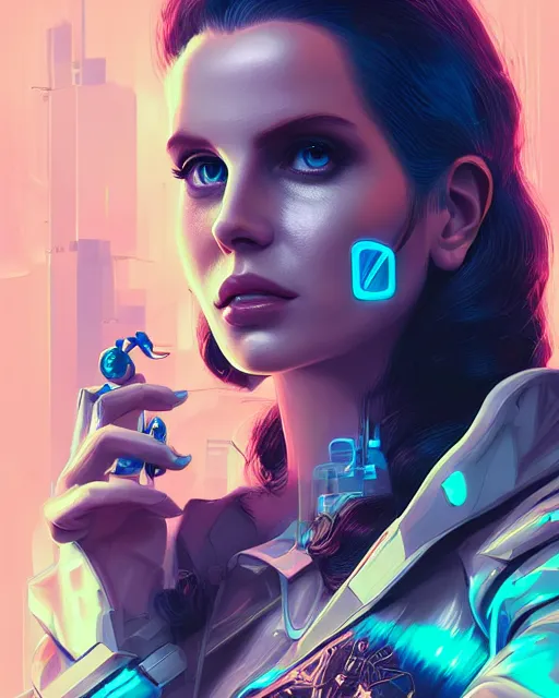 Image similar to portrait of lana del rey as a cyberpunk cyborg. roses, sci - fi, missing panels, intricate abstract, upper body, intricate artwork, by tooth wu, wlop, beeple, dan mumford. concept art, 8 k octane render, deviantart, greg rutkowski, cinematic, key art, hyperrealism, iridescent accents