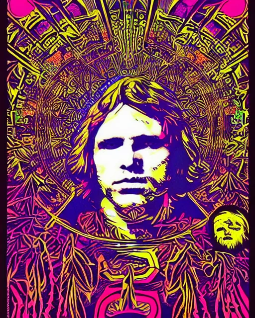 Image similar to portrait of jim morrison psychedelic blacklight poster, intricate, mushrooms, trees, by shepard fairey