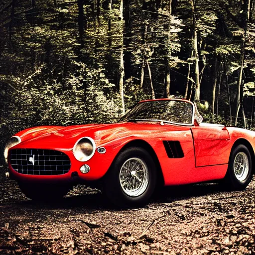 Image similar to ferrari 2 5 0 in the forest, night, headlights are on, professional photography, vaporwave