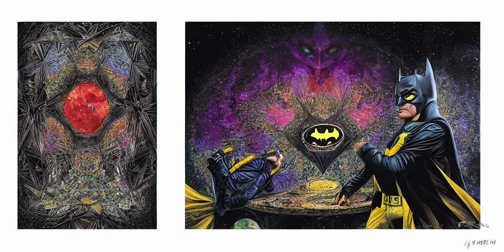 Image similar to disco diffusion portrait of batman, on the moon : : cosmic tarot card, intricate fractal details, broken reality, fanciful floral mandelbulb, black paper, style of wes anderson