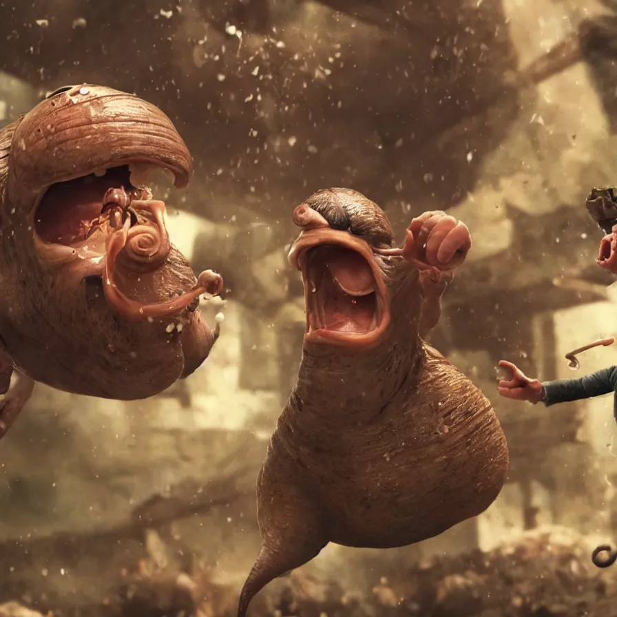 Image similar to an angry man shouting at a snail, photo realistic, photo, full of colour, cinematic lighting, 4 k, hyperrealistic, extreme details, cinematic, masterpiece