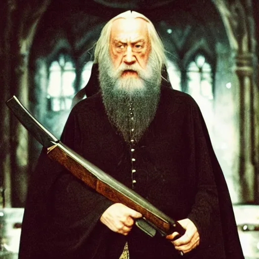 Image similar to 📷 Dumbledore with a sawed-off shotgun