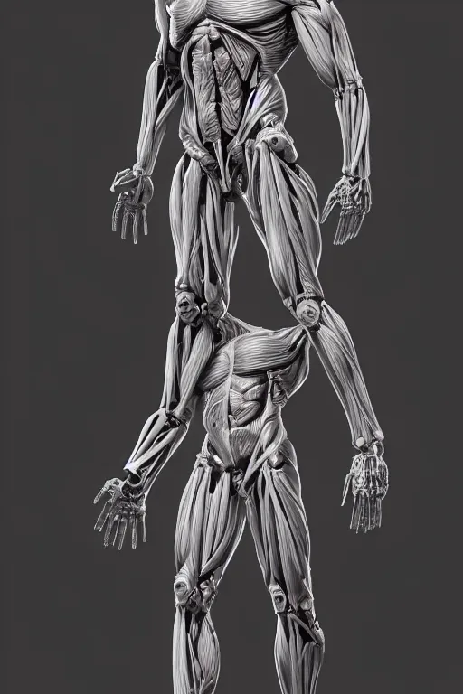 Image similar to full body mutant human anatomy concept, medical anatomy, cybernetic implants, gun metal grey, mecha limbs, muscular system reference, anatomical art, digital art, in the style of ruben alba, aaron sims, amanda lilleston, luka mivsek, bryan christie, ranjit ghosh, artstation, pinterest, deviantart, photoshop, octane render, unreal engine