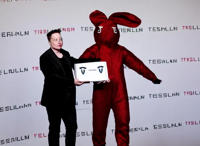 Image similar to elon musk presenting the new tesla wearing a bunny costume, award winning photo