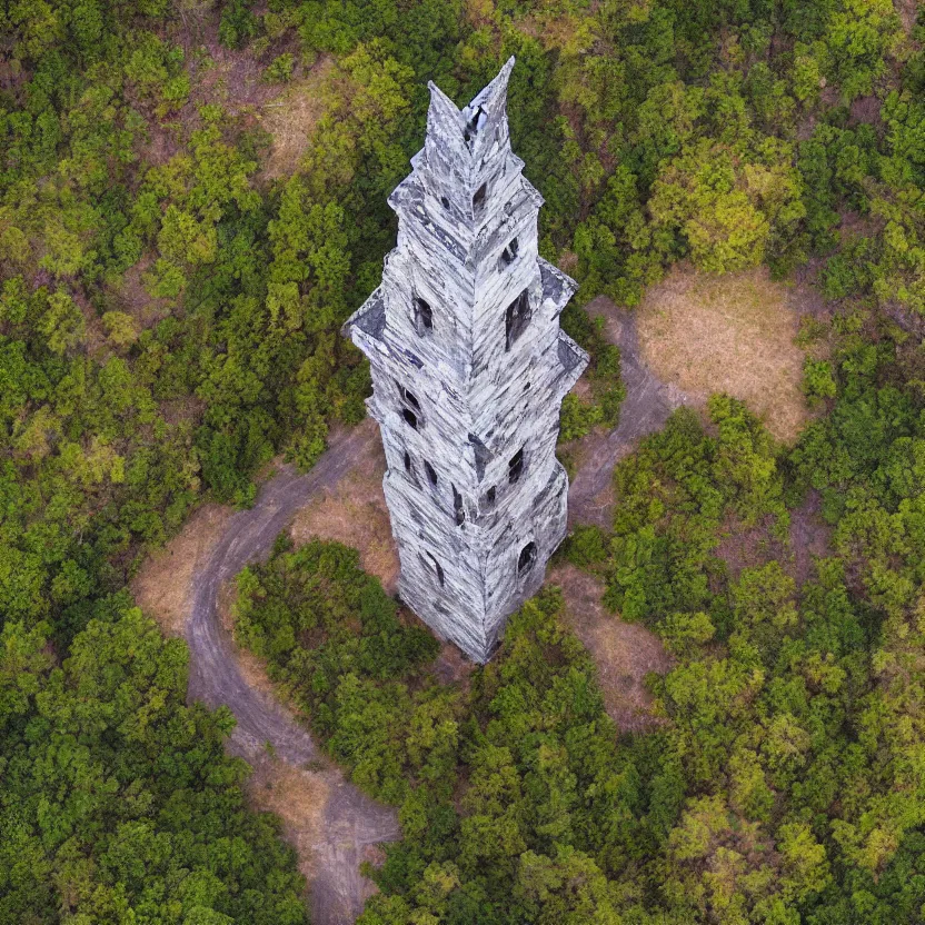 Image similar to aerial view of wizard's tower, photograph, 8 k