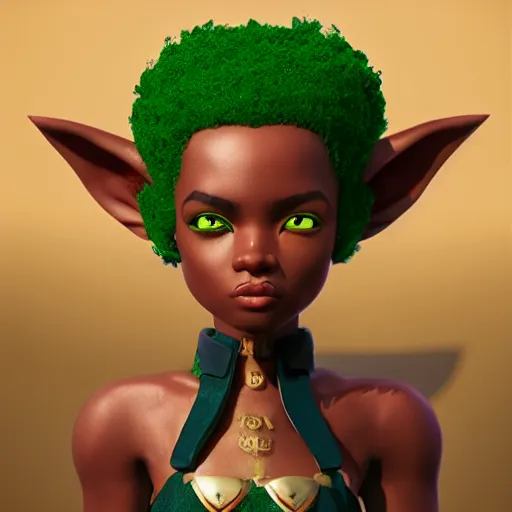 Image similar to beautiful afroame elf, clash royal style characters, unreal engine 5, octane render, detailed, cinematografic, cinema 4 d