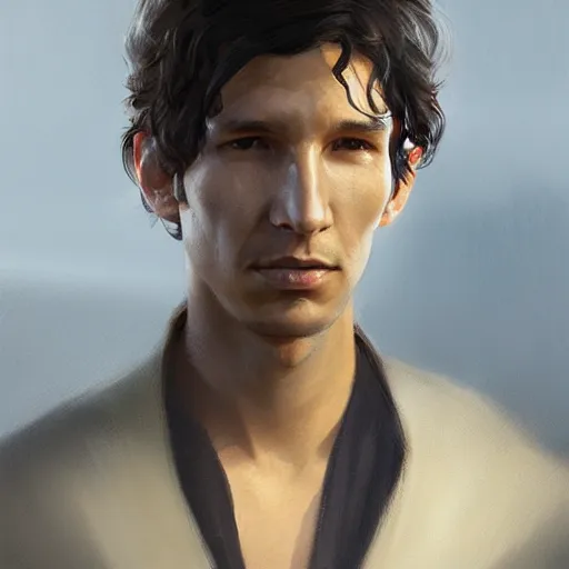 Image similar to portrait of a man by greg rutkowski, ben solo, messy black hair, tall and slender, star wars expanded universe, he is about 3 0 years old, wearing a flying jacket, friendly and trustworthy, highly detailed portrait, digital painting, artstation, concept art, smooth, sharp foccus ilustration, artstation hq