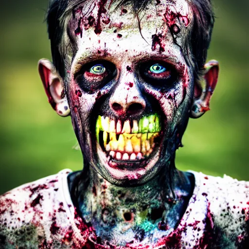 Prompt: real color portrait photo of a zombie smiling