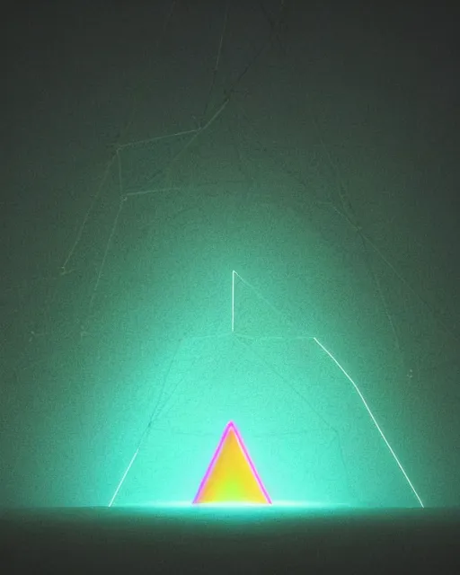 Image similar to a man standing in the middle of a mountain with a glowy neon triangle, a render by filip hodas, behance contest winner, environmental art, rendered in cinema 4 d, volumetric lighting