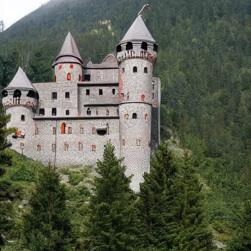 Image similar to a medieval castle on a mountainside, forested, style by wes anderson