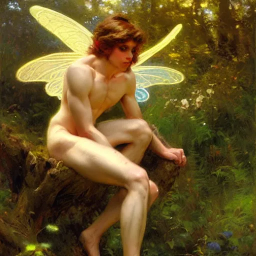 Image similar to attractive male fairy with wings in the forest, posing. highly detailed painting by gaston bussiere, craig mullins, j. c. leyendecker, 8 k