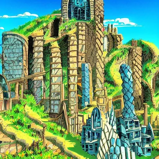 Prompt: futuristic ruins on a mountainside, colorful ruins, mega ruins, clouds on mountain, ruined buildings on mountainside, cel - shading, cel - shaded, 2 0 0 1 anime, bright sunshine