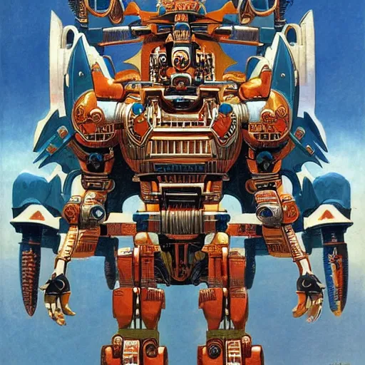 Image similar to elaborate mayan art deco mecha by j. c. leyendecker, barlowe, makoto kobayashi, and beksinski