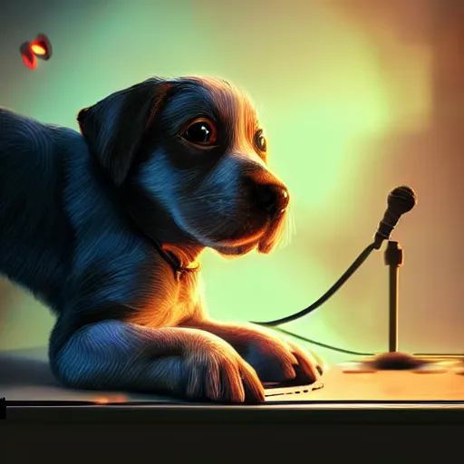 Image similar to puppy as a DJ, 8k, fantasy, intricate, cinematic lighting, highly detailed, digital painting, artstation, concept art, smooth, sharp focus, illustration, by Pixar