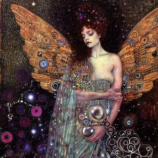 Image similar to dreamy angels cybernetic, in the cosmos, intricate detail, klimt, royo,