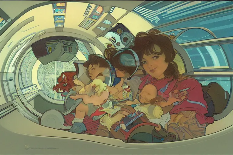 Image similar to a baby in a spaceship, very detailed, smooth render, illustration, art style by shigeru miyamoto and Alphonse Mucha