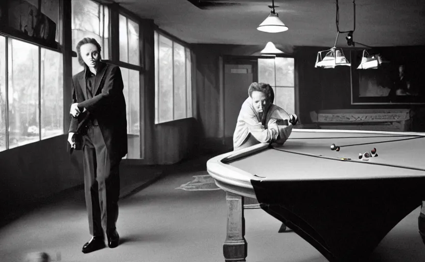 Prompt: Christopher Walken playing billiards and smoking a cigarette in the style of Annie Leibovitz, medium format digital camera, full color, soft lighting, dark, moody, shallow depth of field, highly detailed, photorealistic,