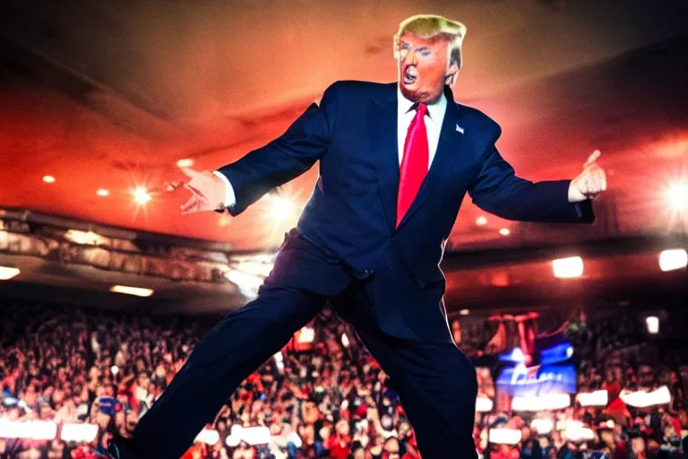 Prompt: a hero shot of Donald Trump doing a jump kick, back lit, epic, photo