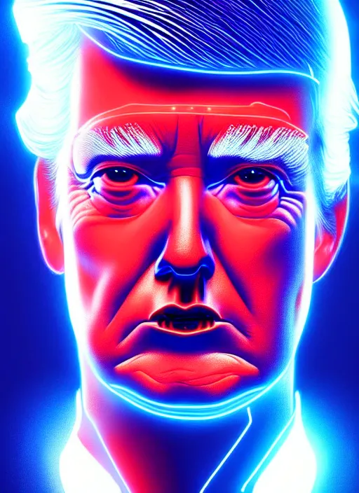 Image similar to portrait of donald trump cyber humanoid, intricate, elegant, cyber neon lights, highly detailed, digital painting, artstation, glamor pose, concept art, smooth, sharp focus, illustration, art by artgerm and greg rutkowski