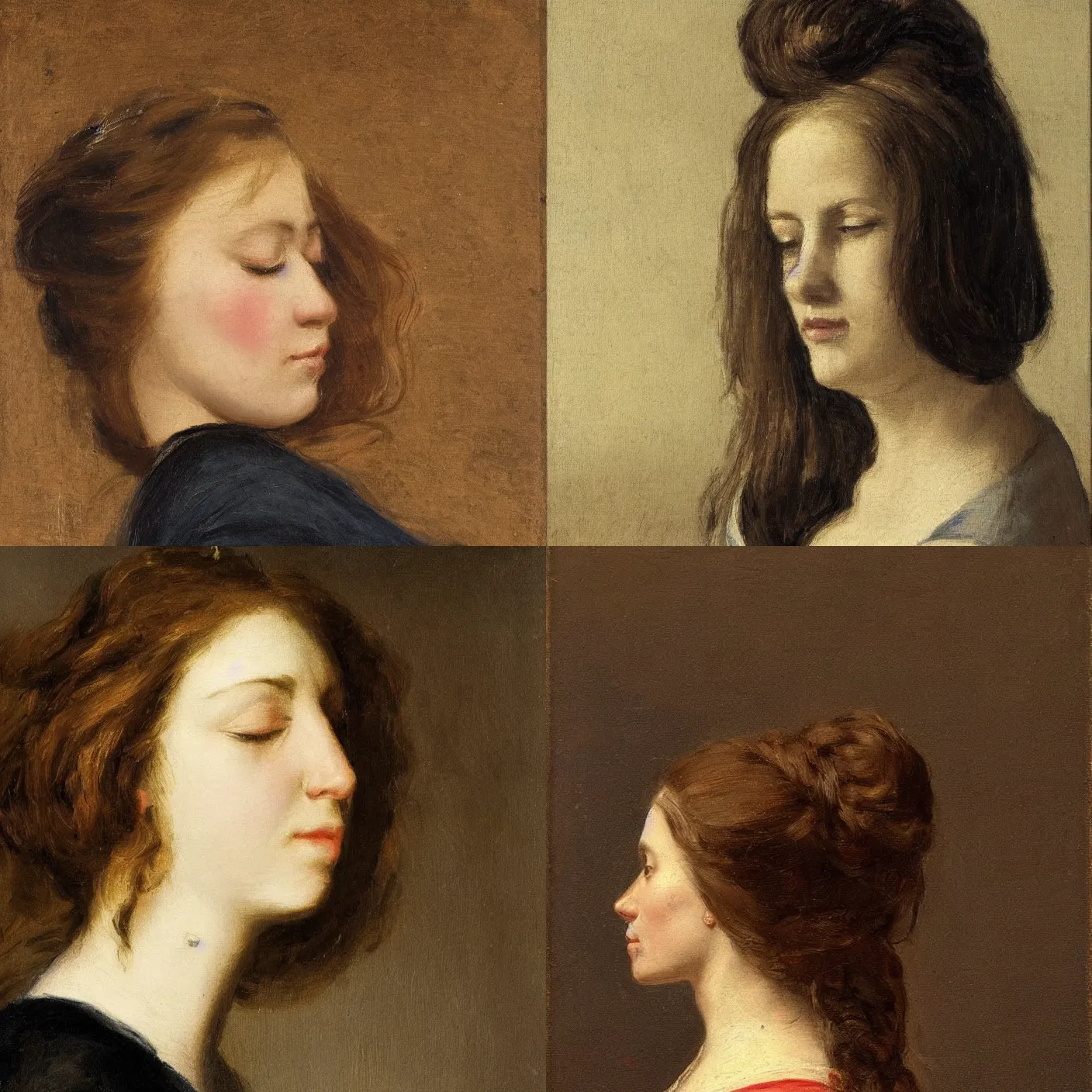 Prompt: A woman's profile with long hair and closed eyes by dutch painters. masterpiece. hq.