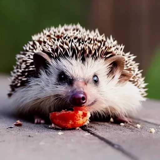 Prompt: still image of a cute hedgehog with pepperoni stuck to its back, photo