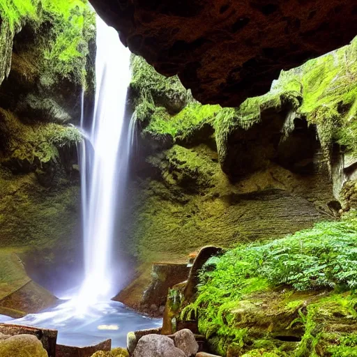 Prompt: ancient ruins and waterfalls in the interior of a cave